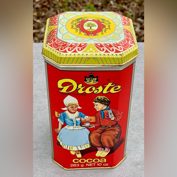 Vintage 10 oz DROSTE COCOA Hinge Lidded Tin Litho Illustrated Pantry Box - Picture 10 of 14
